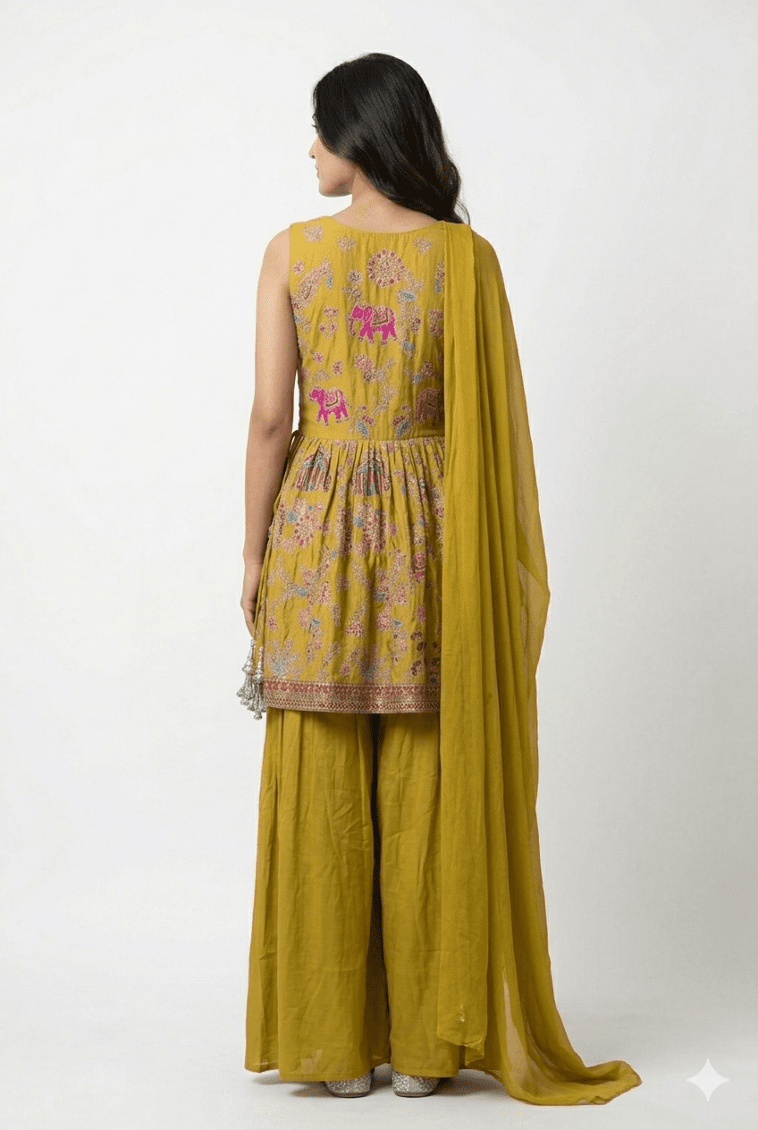 Yellow colour peplum plazzo dupatta