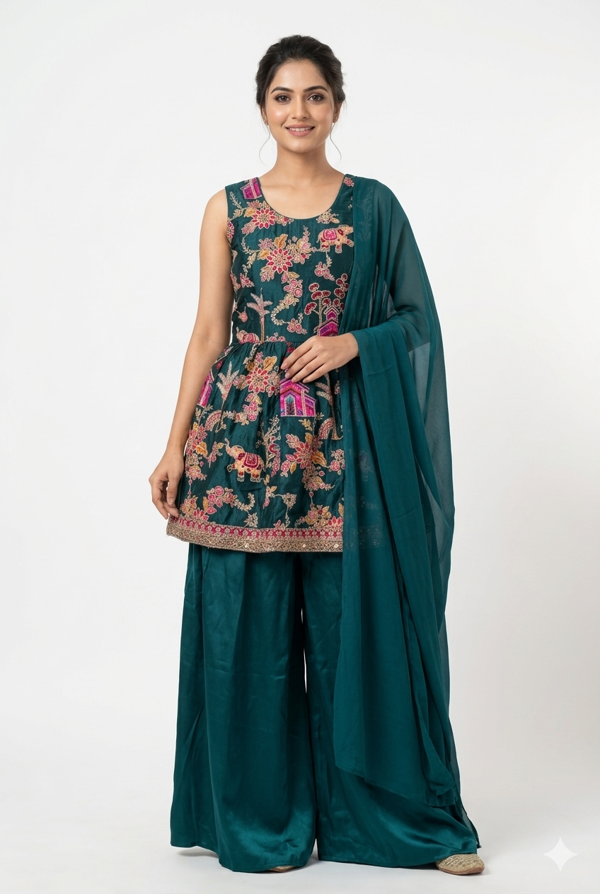 Green colour peplum palazzo and dupatta