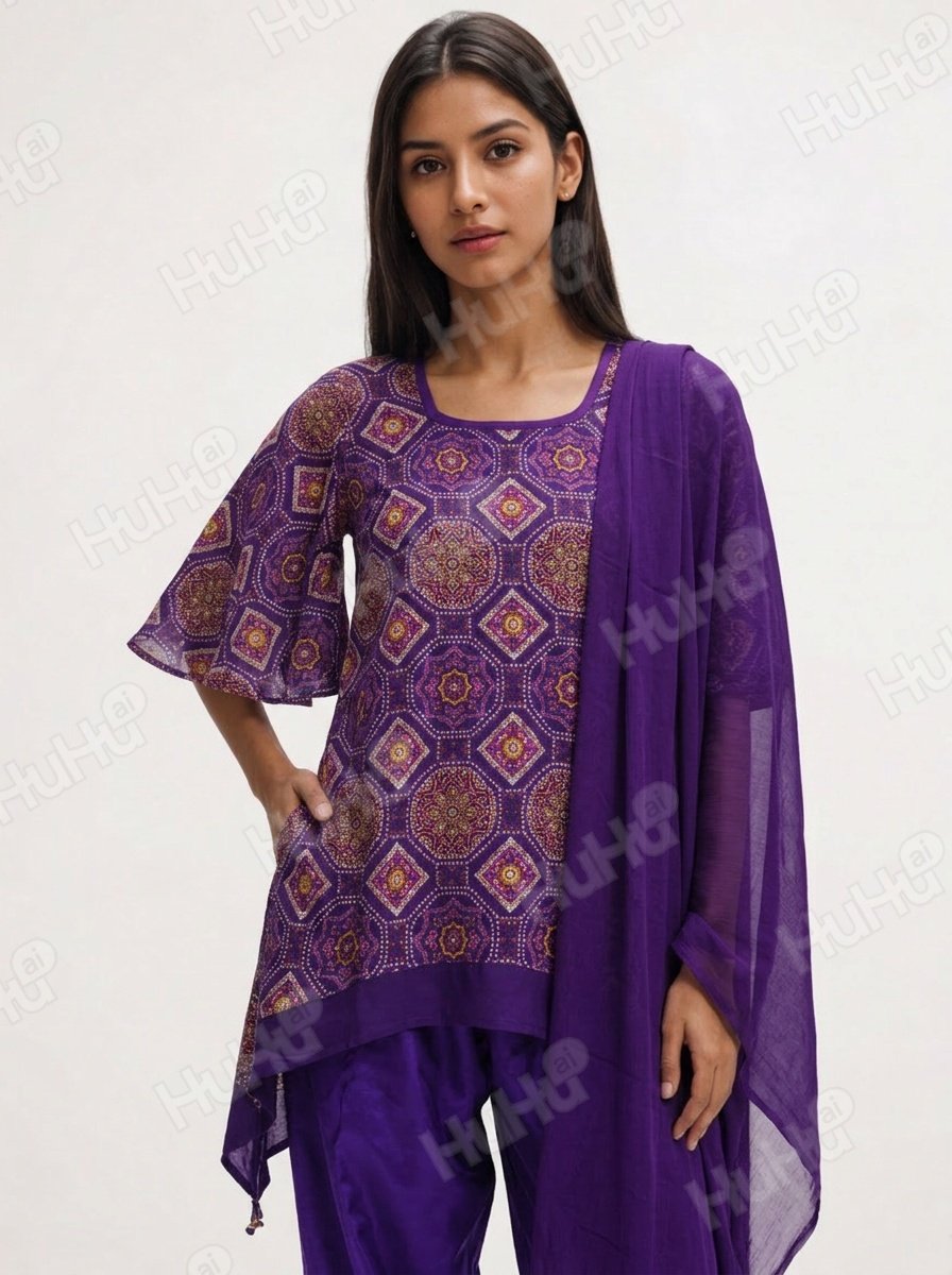 (purple printed ethnic kurta seth dupatta;
