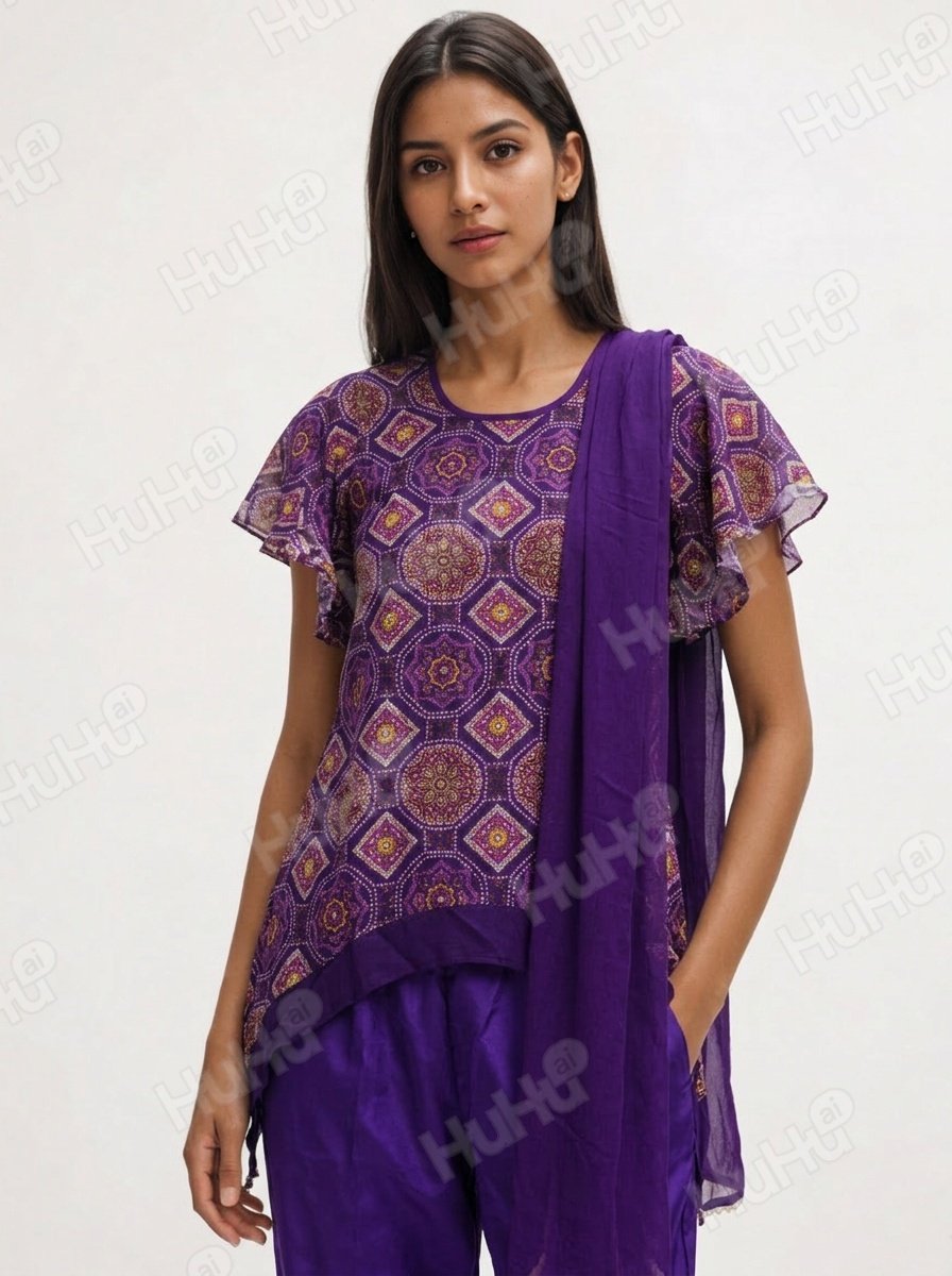 (purple printed ethnic kurta seth dupatta;