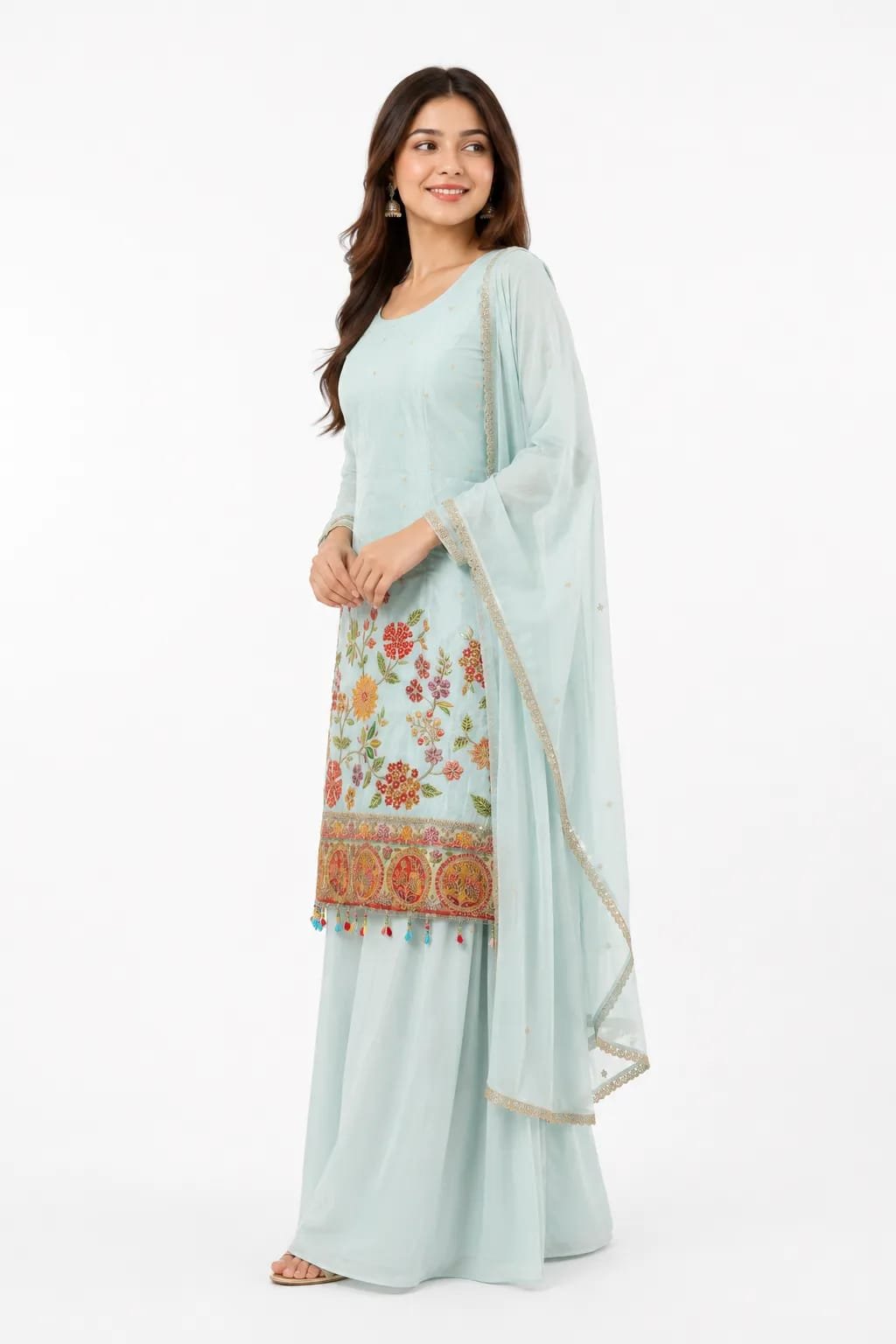 Pastel Blue Embroidered Kurta Palazzo Set with Dupatta