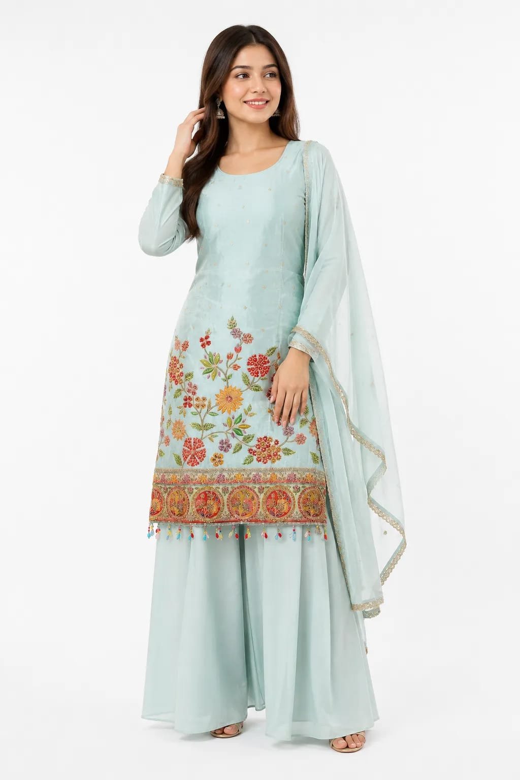 Pastel Blue Embroidered Kurta Palazzo Set with Dupatta