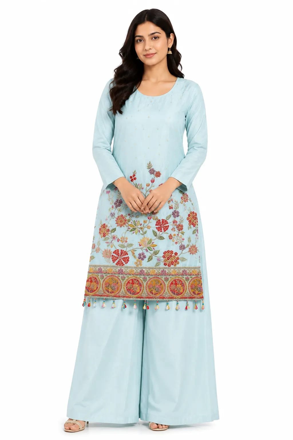 Pastel Blue Embroidered Kurta Palazzo Set with Dupatta
