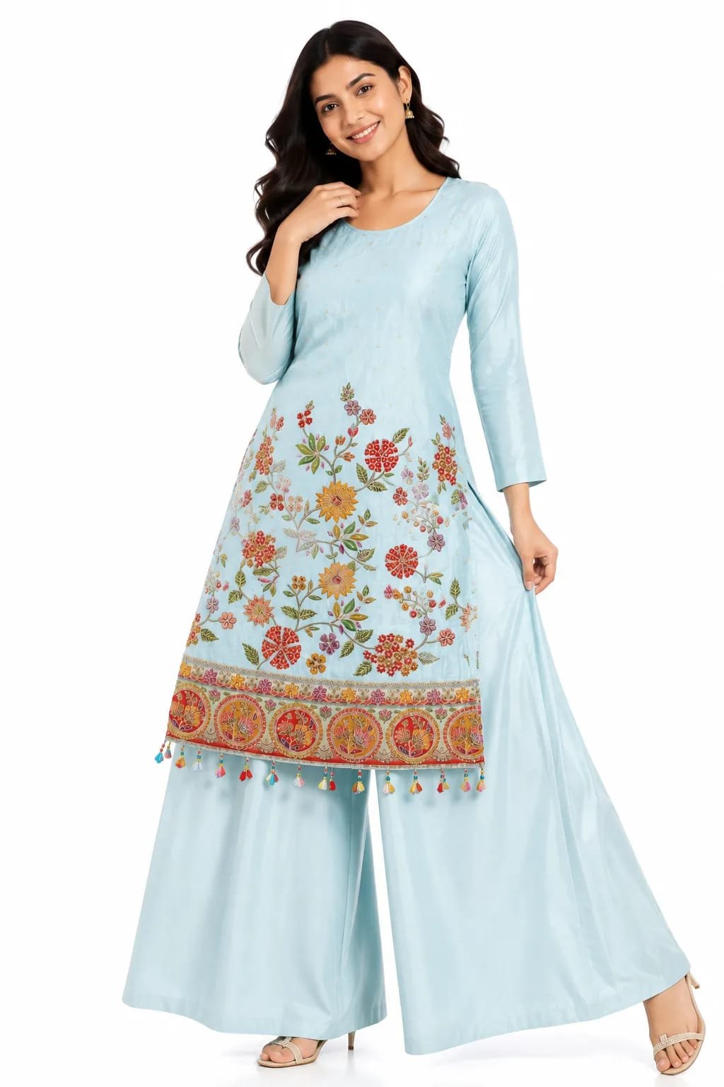 Pastel Blue Embroidered Kurta Palazzo Set with Dupatta
