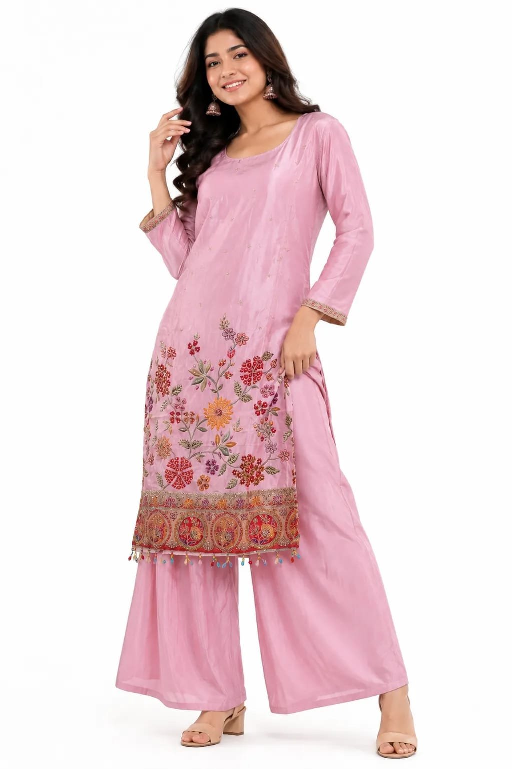 Dusty Pink Embroidered Kurta Palazzo Set with Dupatta