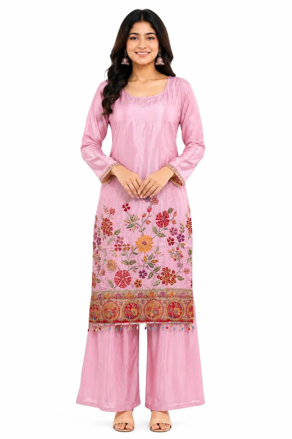 Dusty Pink Embroidered Kurta Palazzo Set with Dupatta