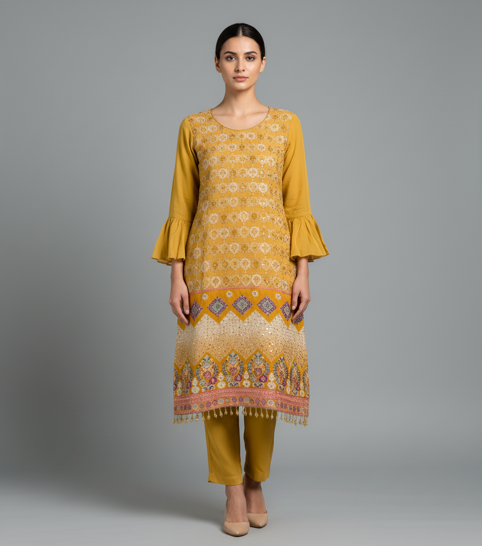 mustard yellow embroidered kurta set