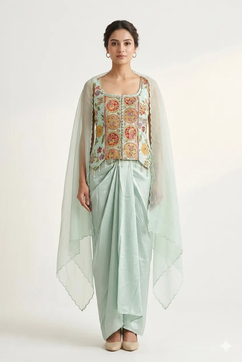 Indo Westren Satin Lehenga Set