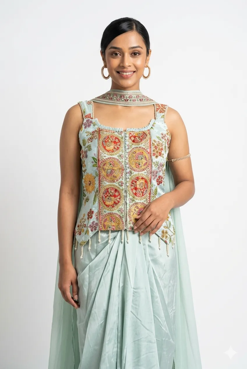Indo Westren Satin Lehenga Set