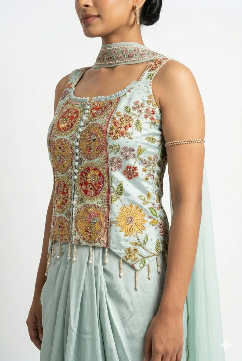 Indo Westren Satin Lehenga Set