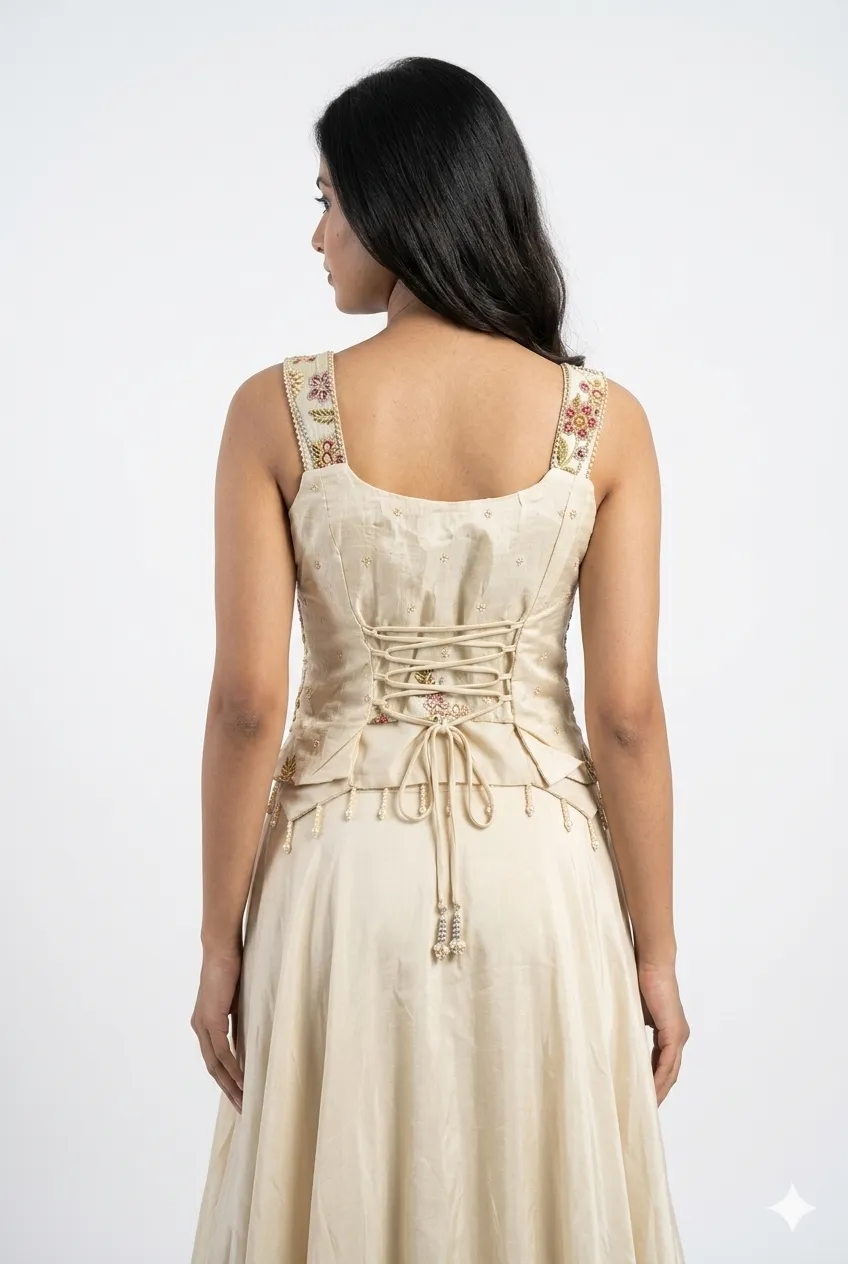 cream satin Indo Western lehenga set
