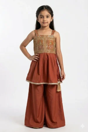 Girls Rust Orange Embroidered Kurta Palazzo Set
