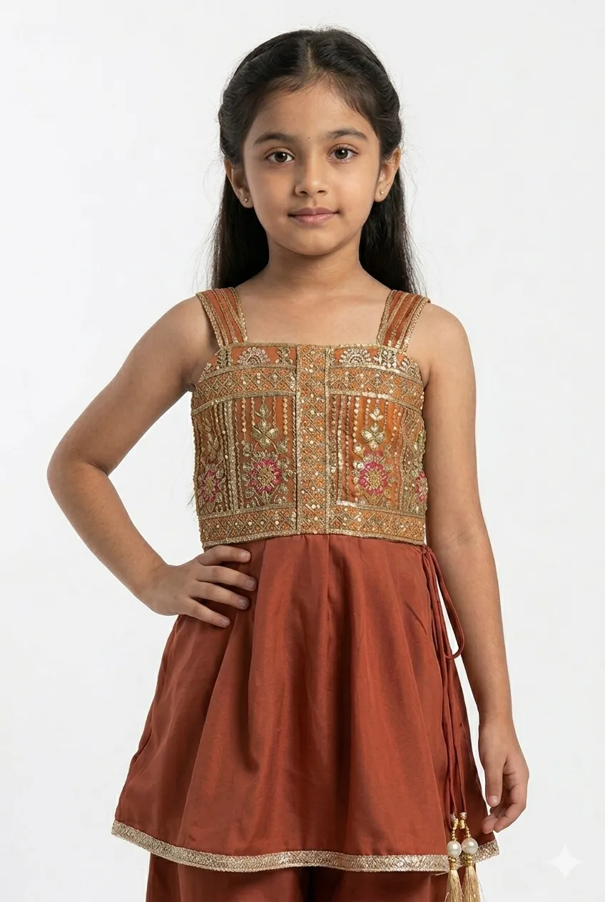 Girls Rust Orange Embroidered Kurta Palazzo Set