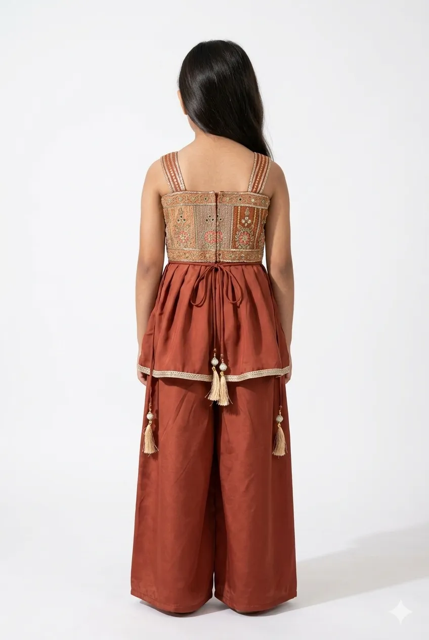 Girls Rust Orange Embroidered Kurta Palazzo Set