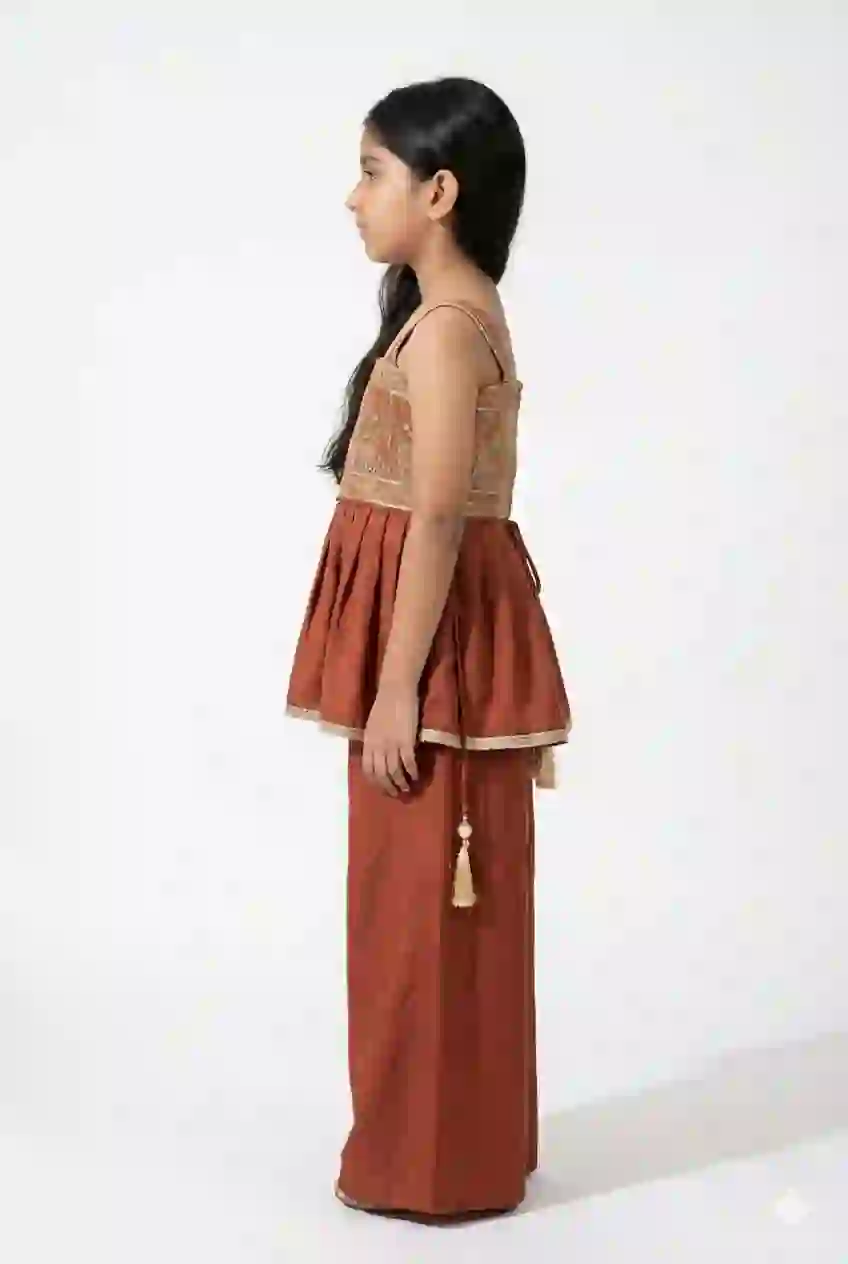 Girls Rust Orange Embroidered Kurta Palazzo Set