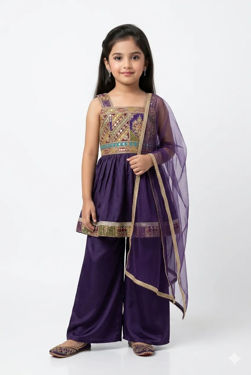 Girls Purple Peplum Kurti & Palazzo Set with Dupatta