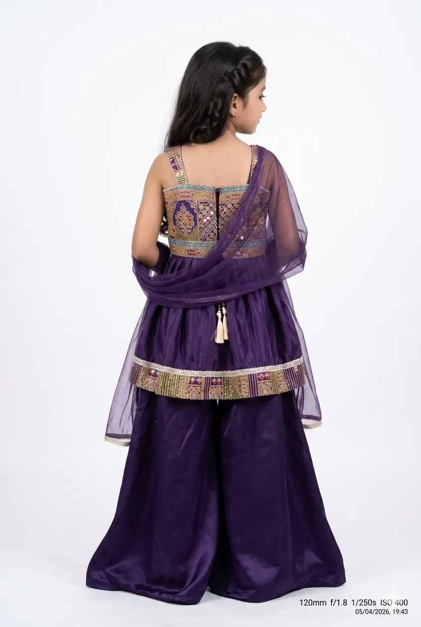 Girls Purple Peplum Kurti & Palazzo Set with Dupatta