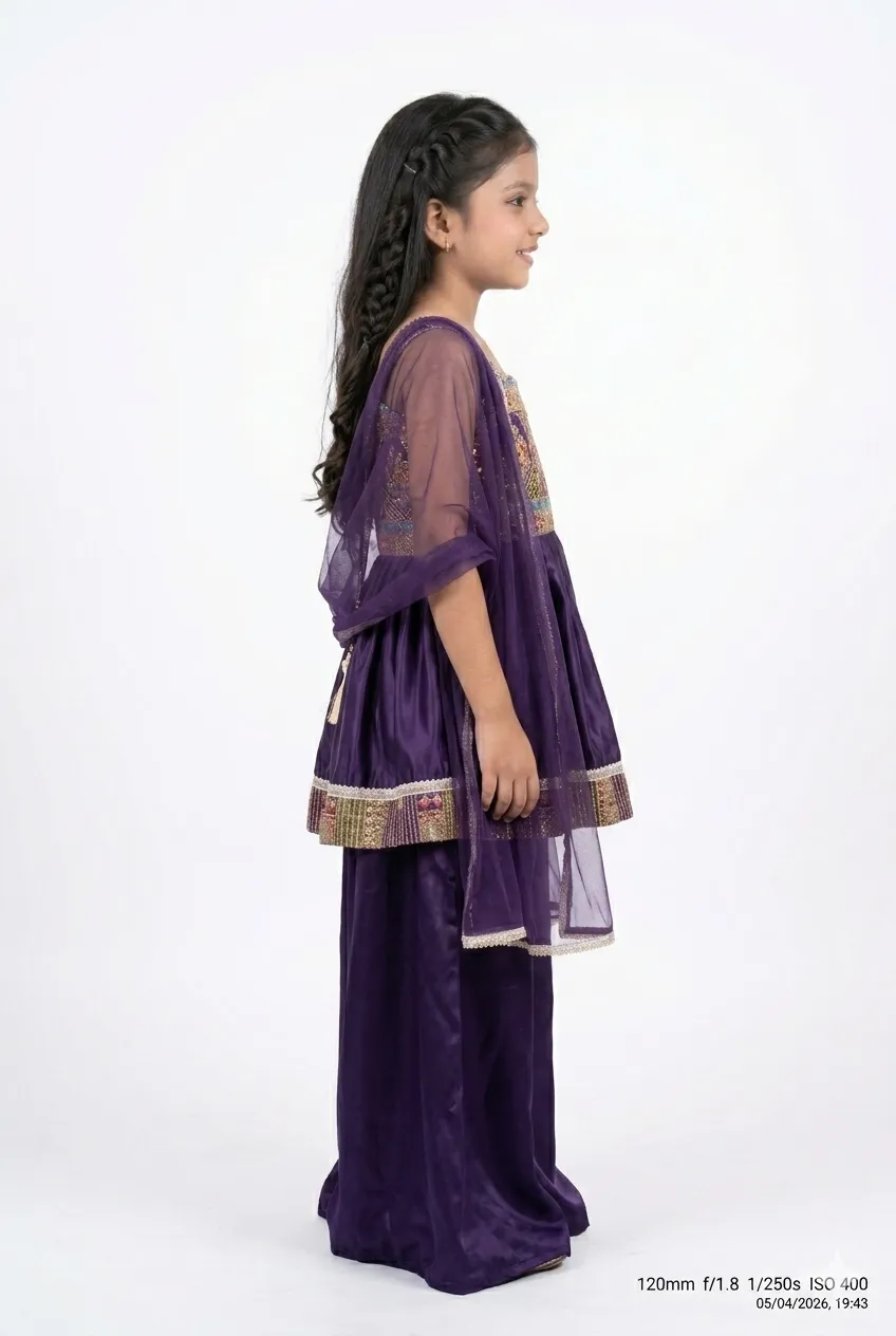 Girls Purple Peplum Kurti & Palazzo Set with Dupatta