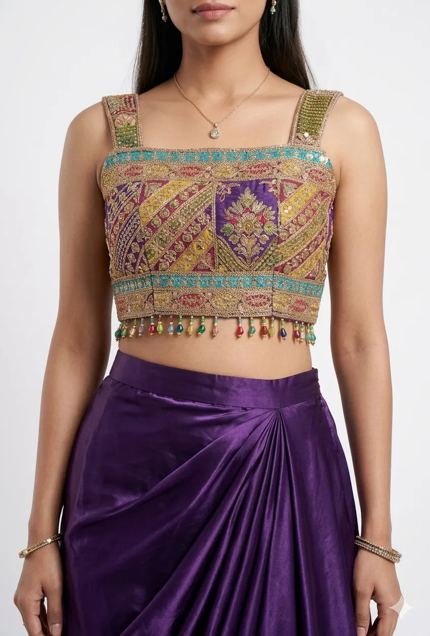 Royal Purple Draped Skirt Set with Embroidered Jacket