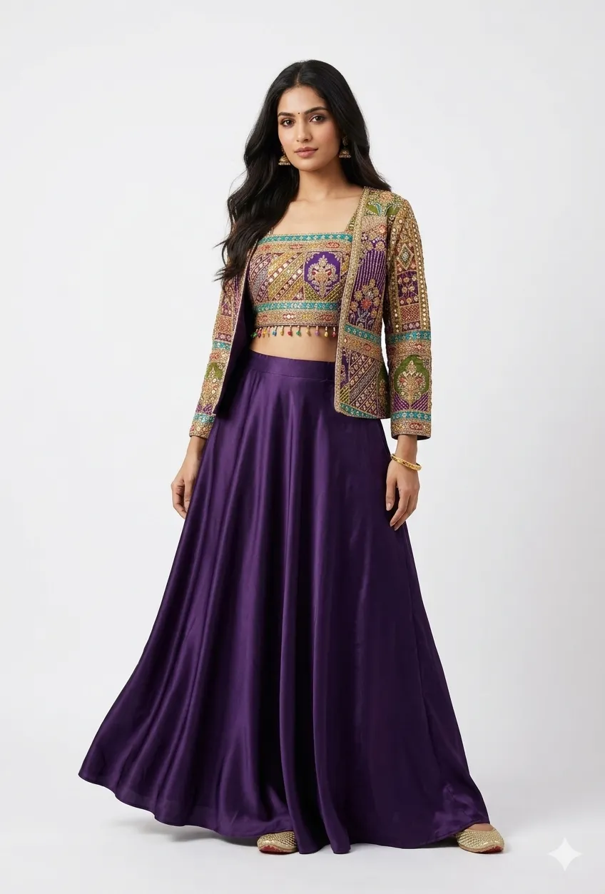 Royal Purple Draped Skirt Set with Embroidered Jacket