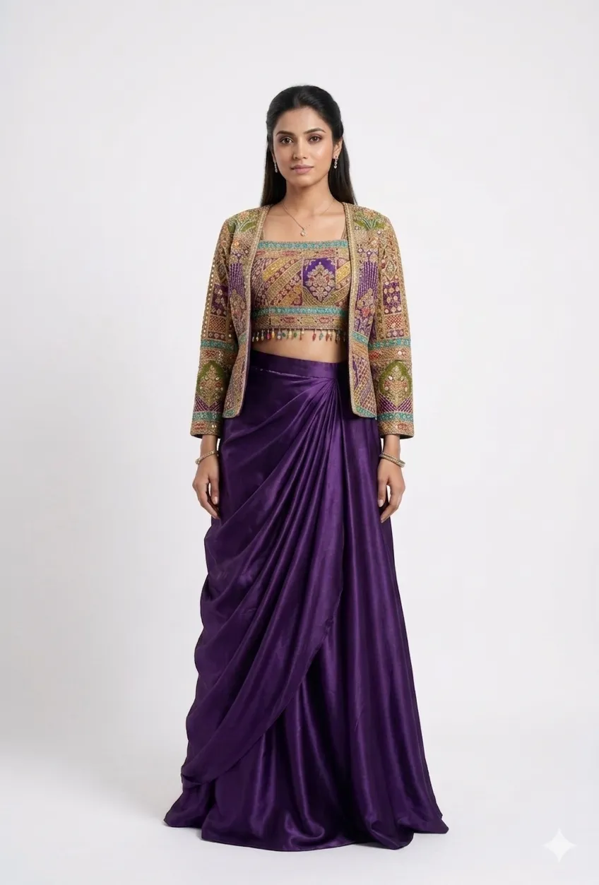Royal Purple Draped Skirt Set with Embroidered Jacket