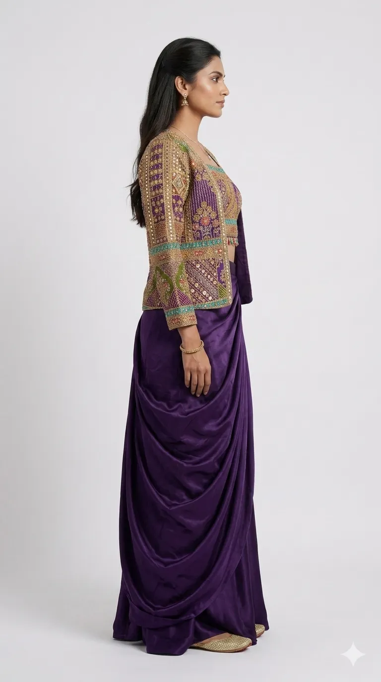 Royal Purple Draped Skirt Set with Embroidered Jacket