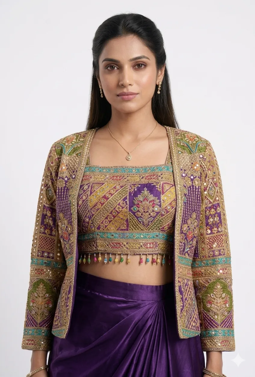 Royal Purple Draped Skirt Set with Embroidered Jacket