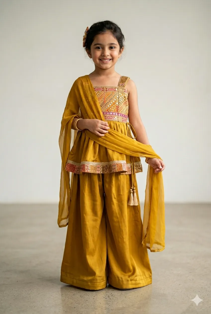 Girls Mustard Yellow Peplum Kurti & Palazzo Set with Dupatta
