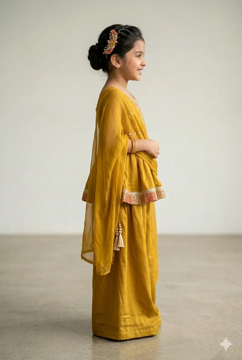 Girls Mustard Yellow Peplum Kurti & Palazzo Set with Dupatta