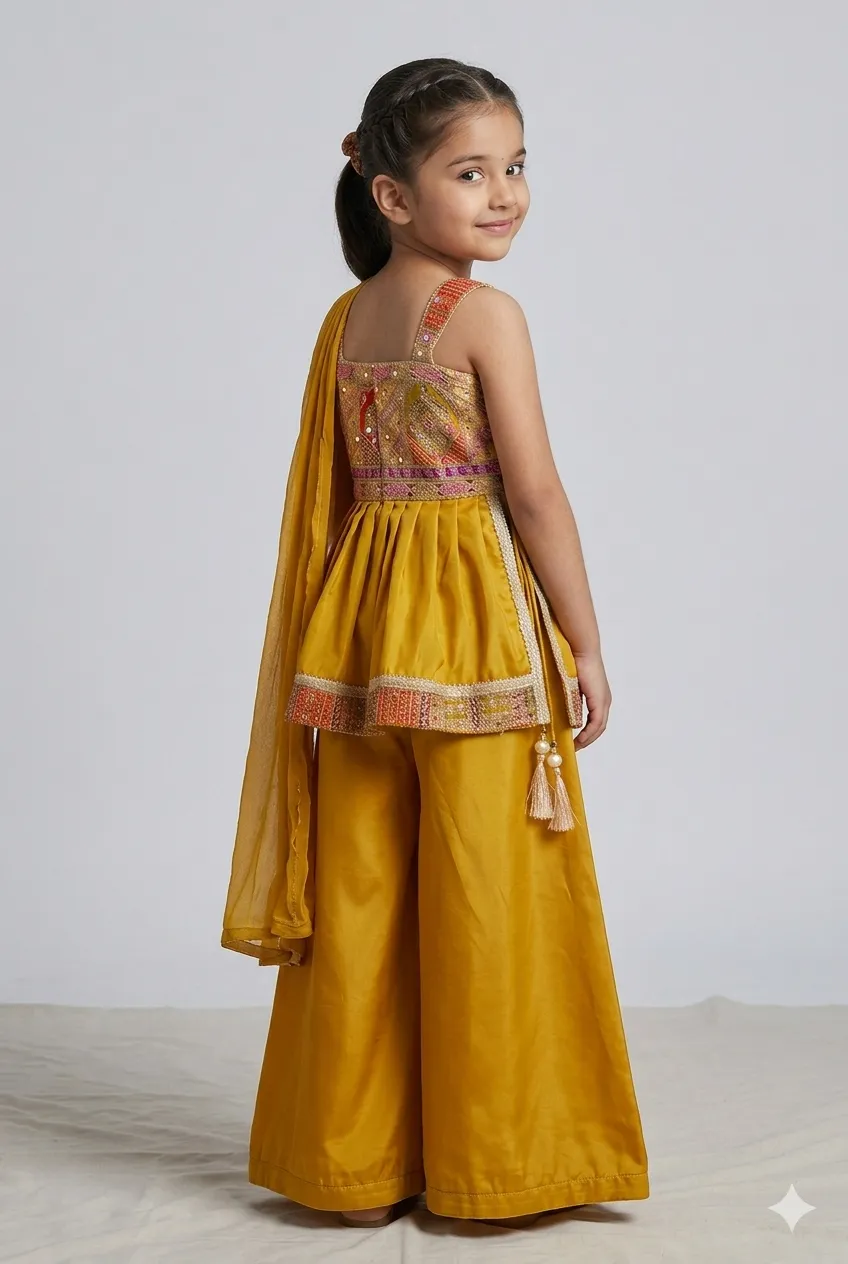 Girls Mustard Yellow Peplum Kurti & Palazzo Set with Dupatta
