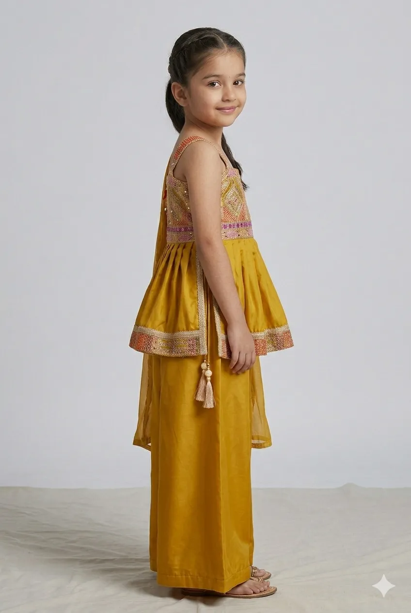 Girls Mustard Yellow Peplum Kurti & Palazzo Set with Dupatta