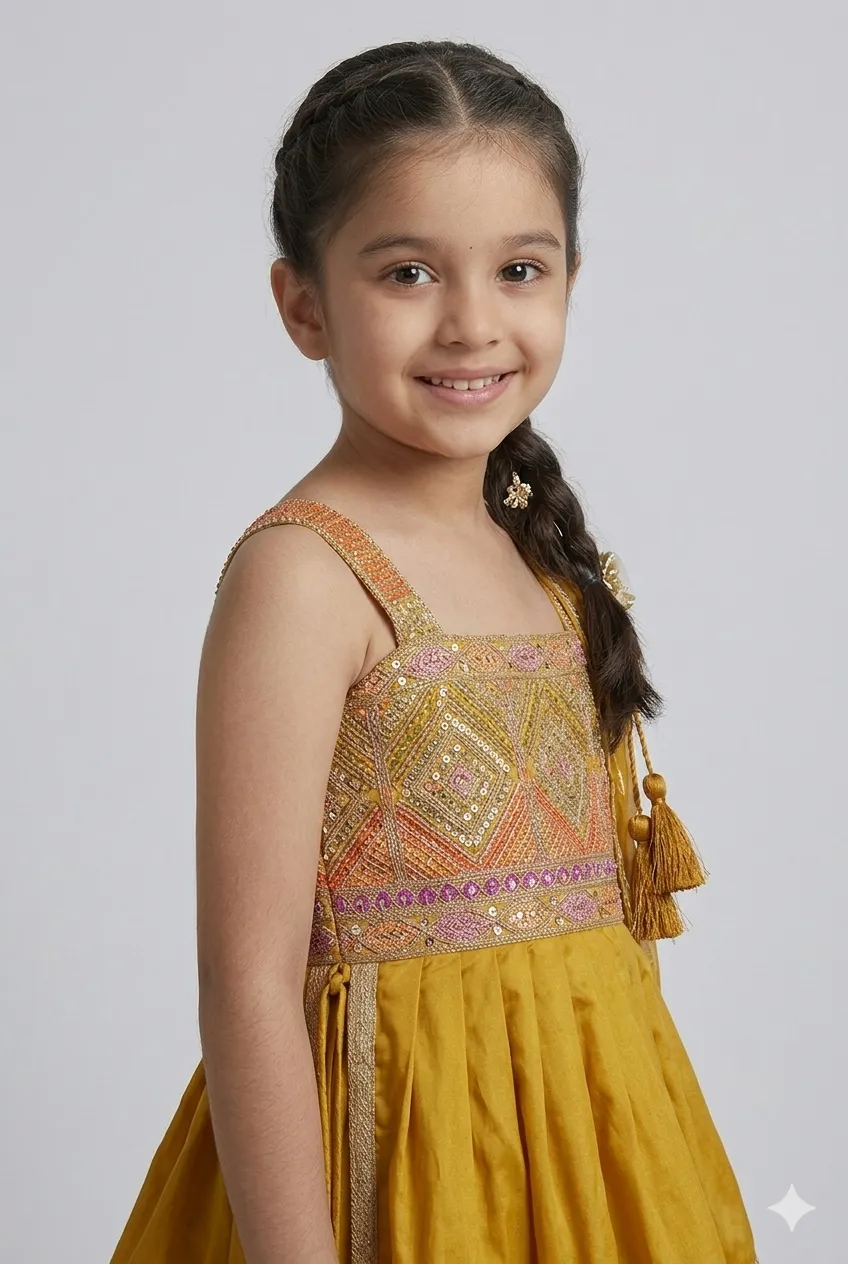 Girls Mustard Yellow Peplum Kurti & Palazzo Set with Dupatta