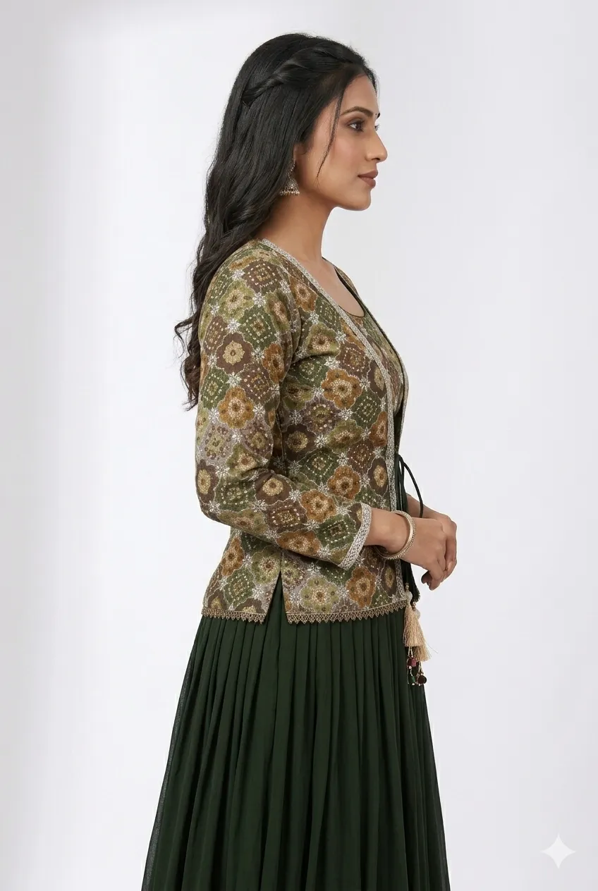 Bottle Green Lehenga Choli with Printed Jacket Blouse