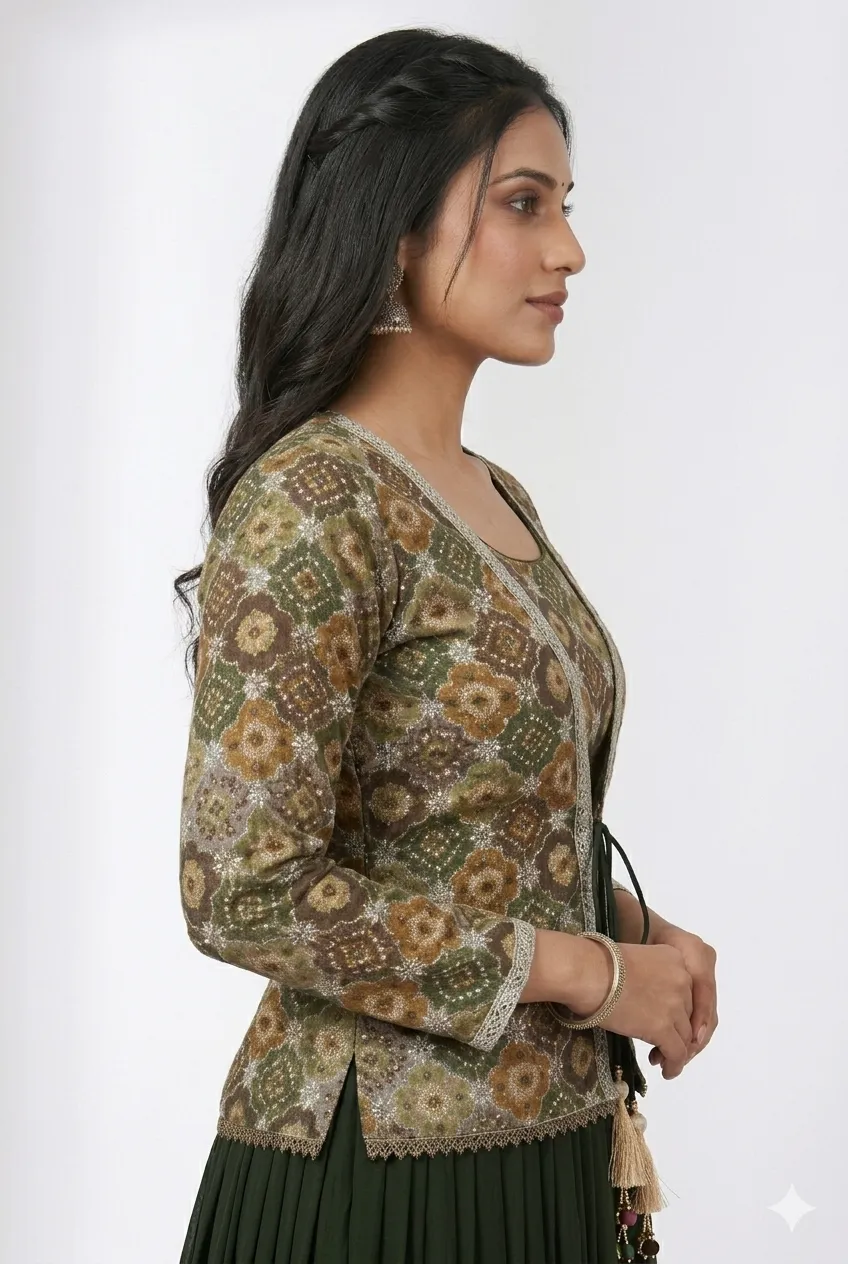 Bottle Green Lehenga Choli with Printed Jacket Blouse