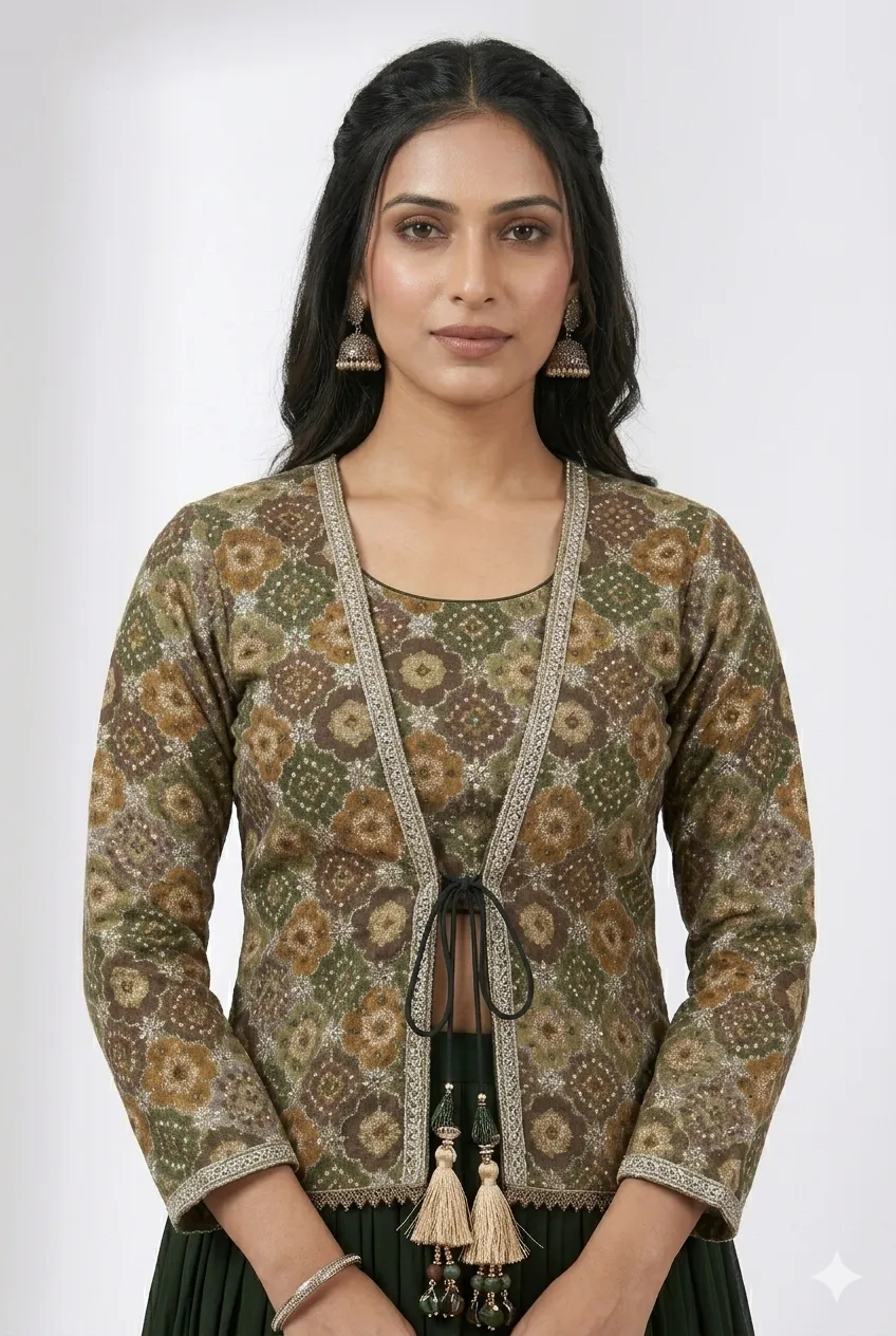 Bottle Green Lehenga Choli with Printed Jacket Blouse