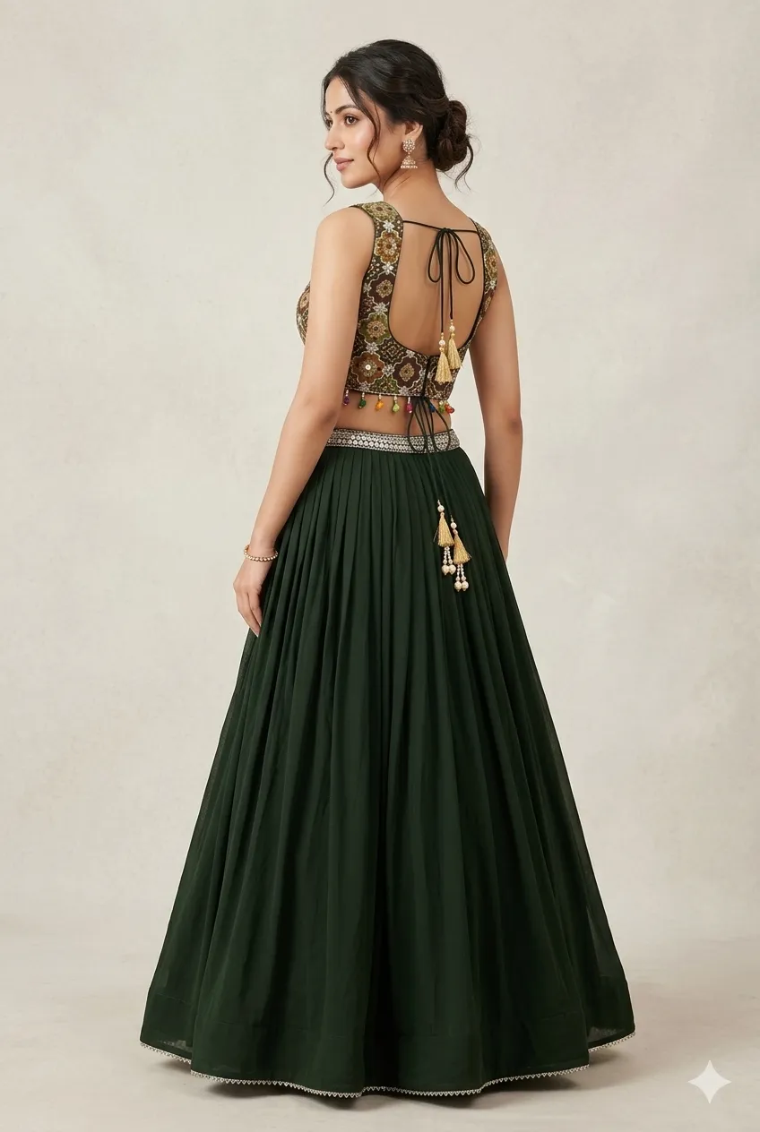 Deep Olive Green Lehenga Choli with Printed Crop Blouse