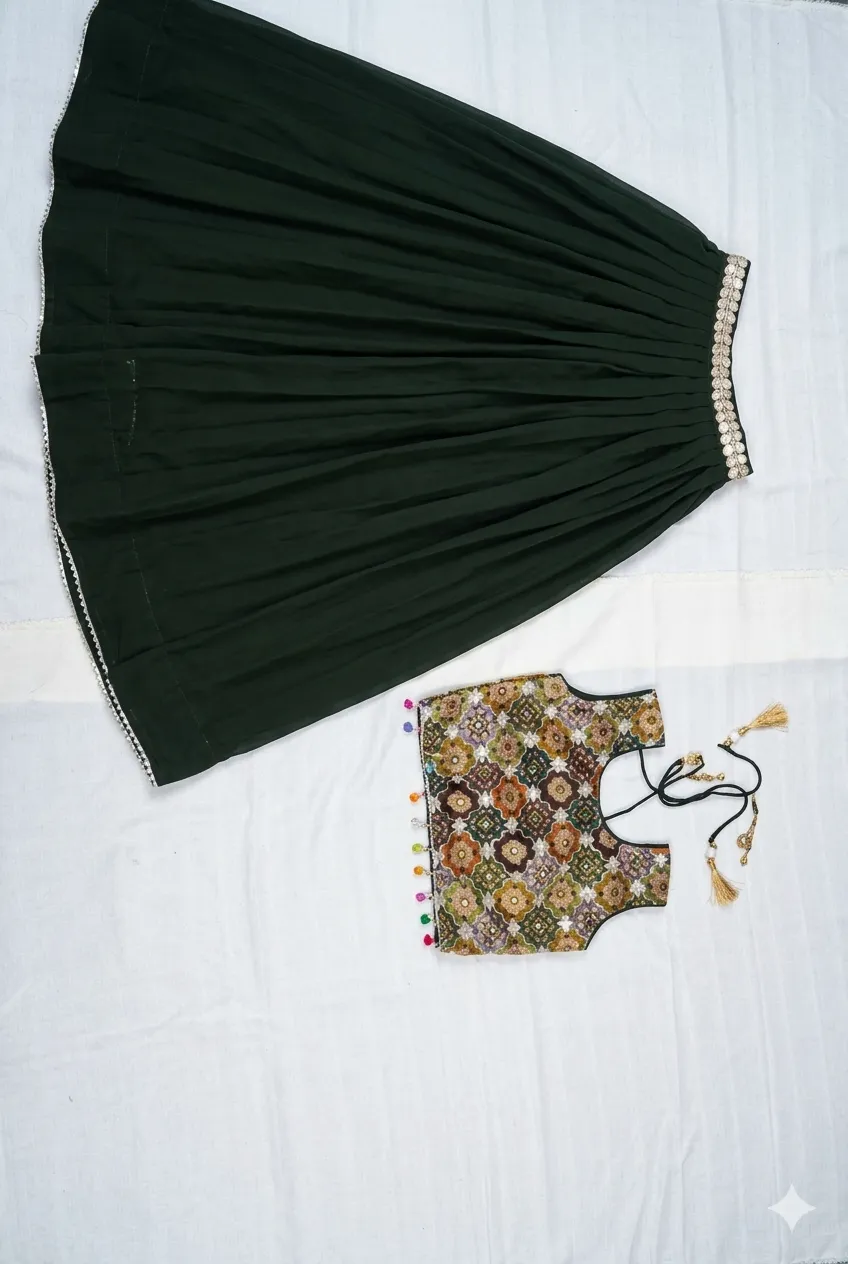Deep Olive Green Lehenga Choli with Printed Crop Blouse