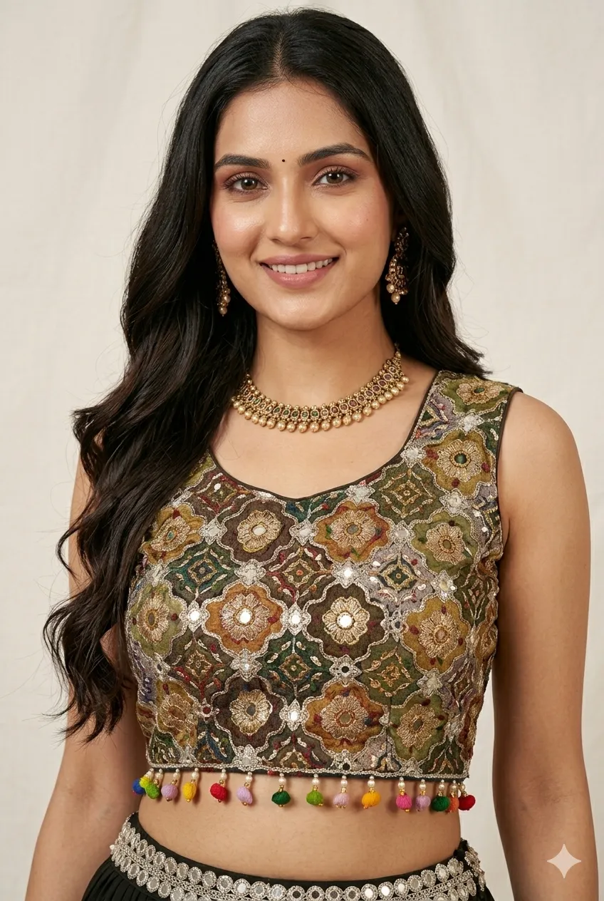 Bottle Green Lehenga Choli with Printed Jacket Blouse