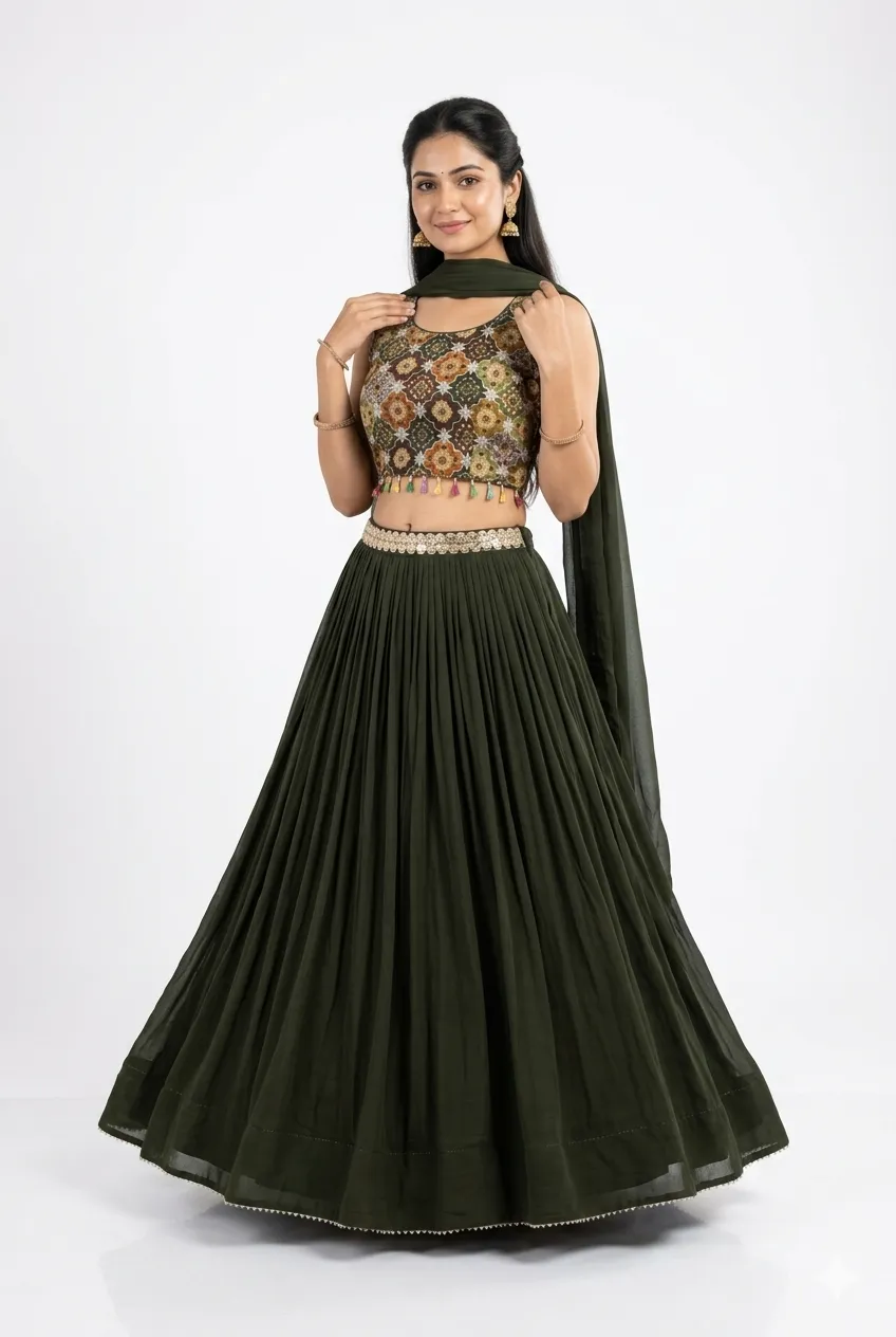 Bottle Green Lehenga Choli with Printed Jacket Blouse