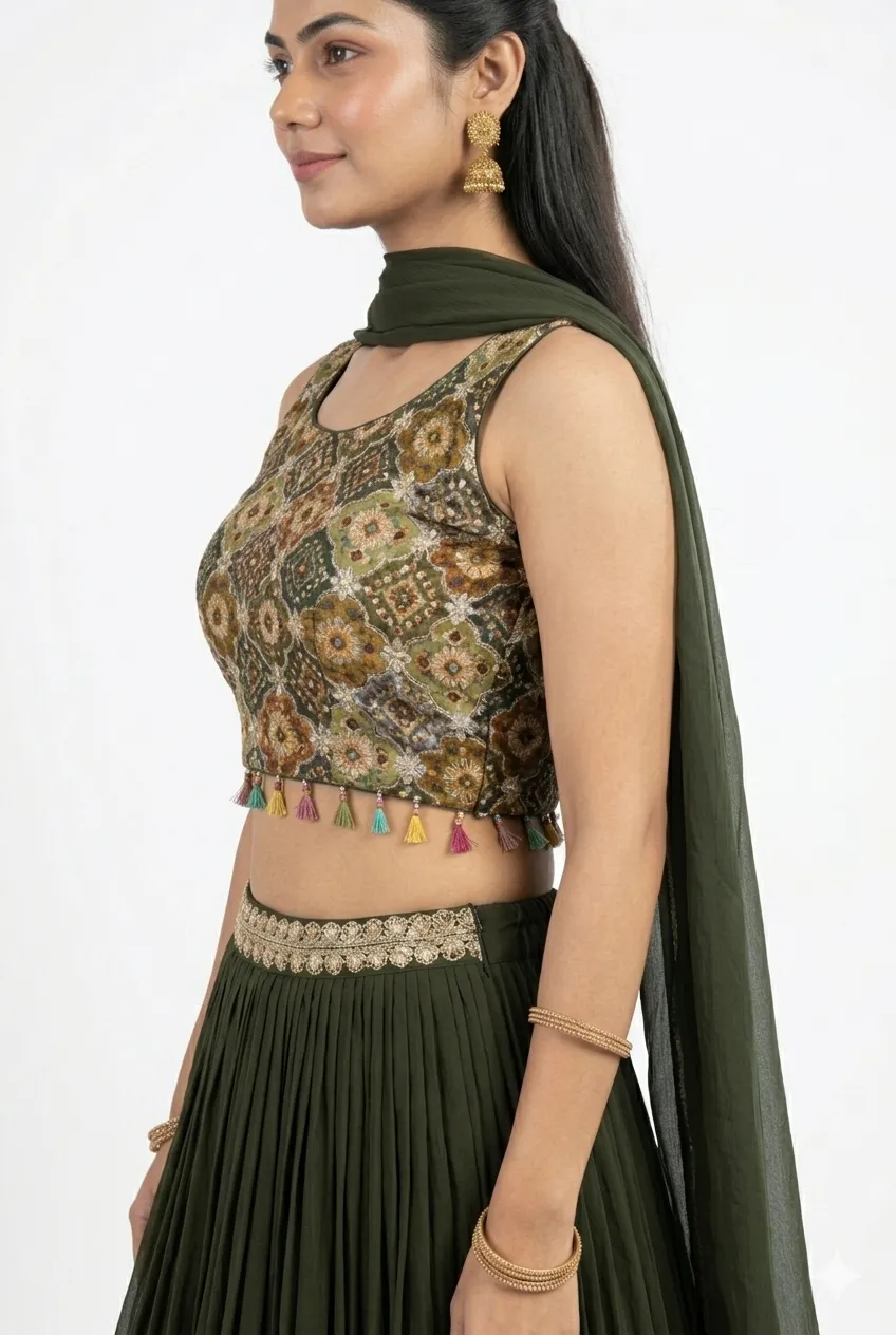 Deep Olive Green Lehenga Choli with Printed Crop Blouse