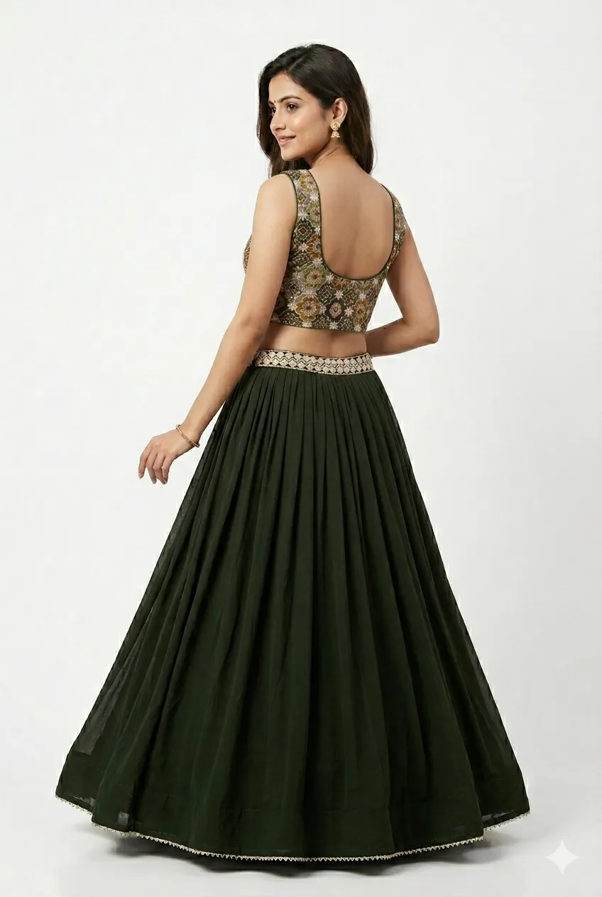 Bottle Green Lehenga Choli with Printed Jacket Blouse