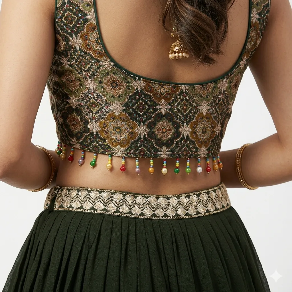Deep Olive Green Lehenga Choli with Printed Crop Blouse