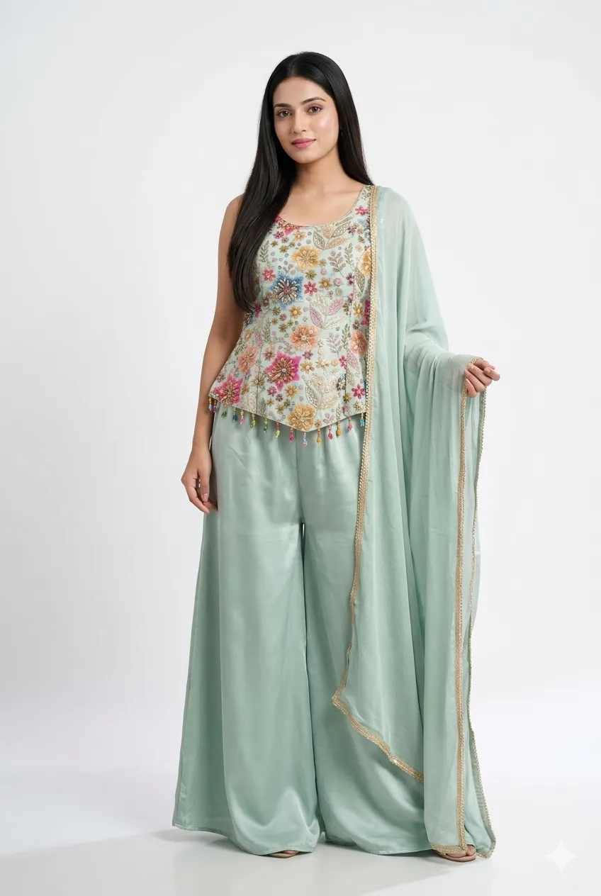 Blush Pista Embroidered Palazzo Set With Dupatta