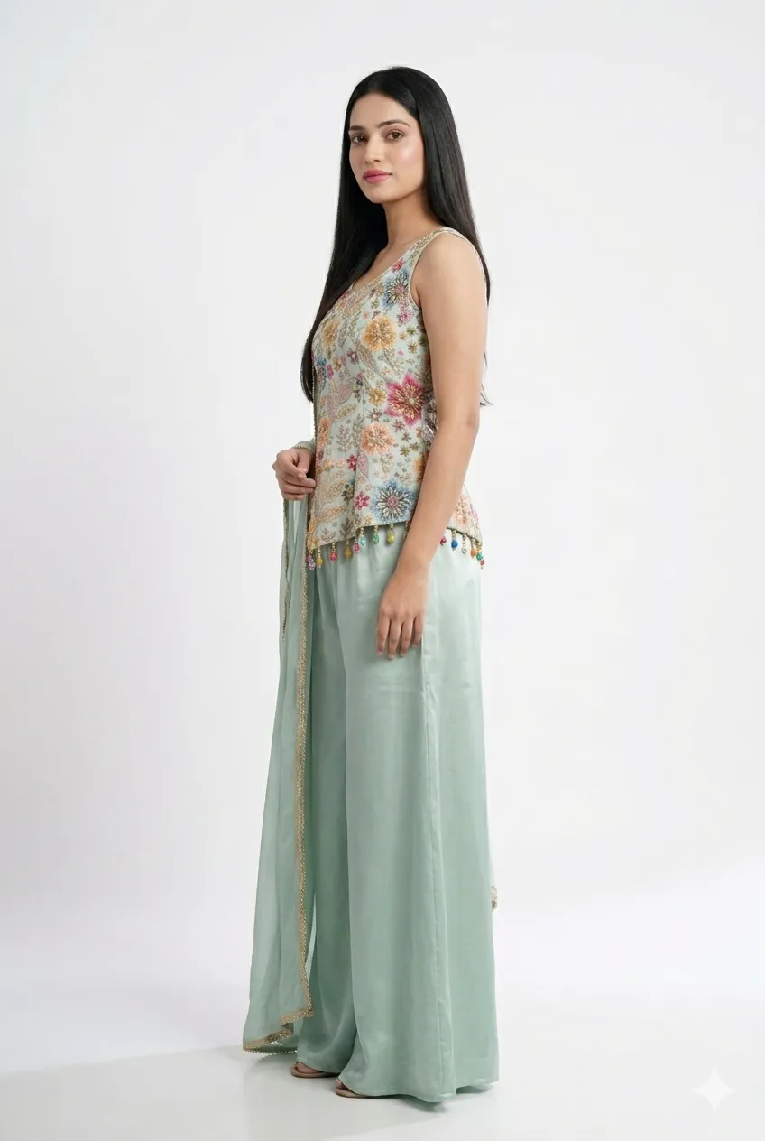 Blush Pista Embroidered Palazzo Set With Dupatta