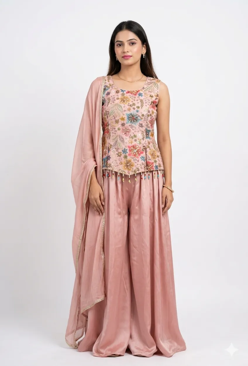 blush pink embroidered palazzo set with dupatta.