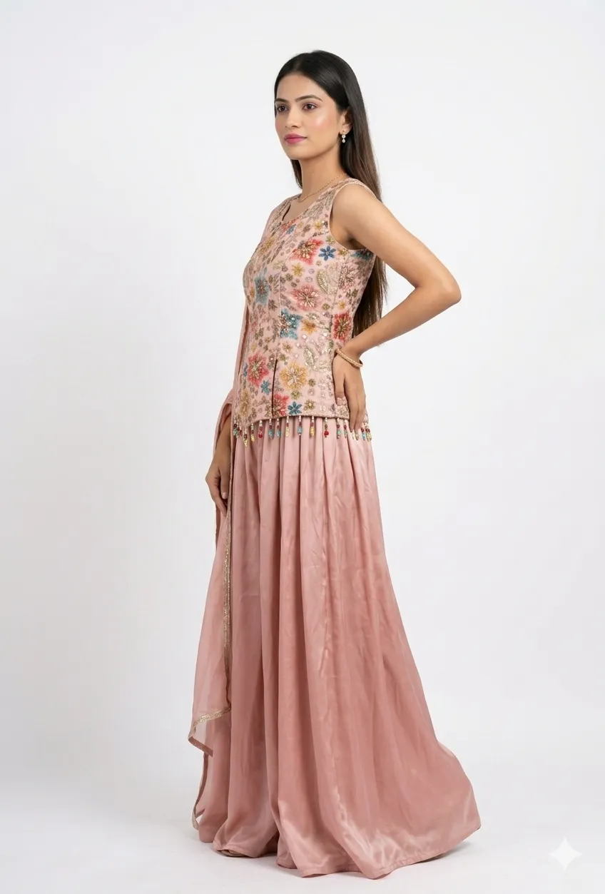 blush pink embroidered palazzo set with dupatta.