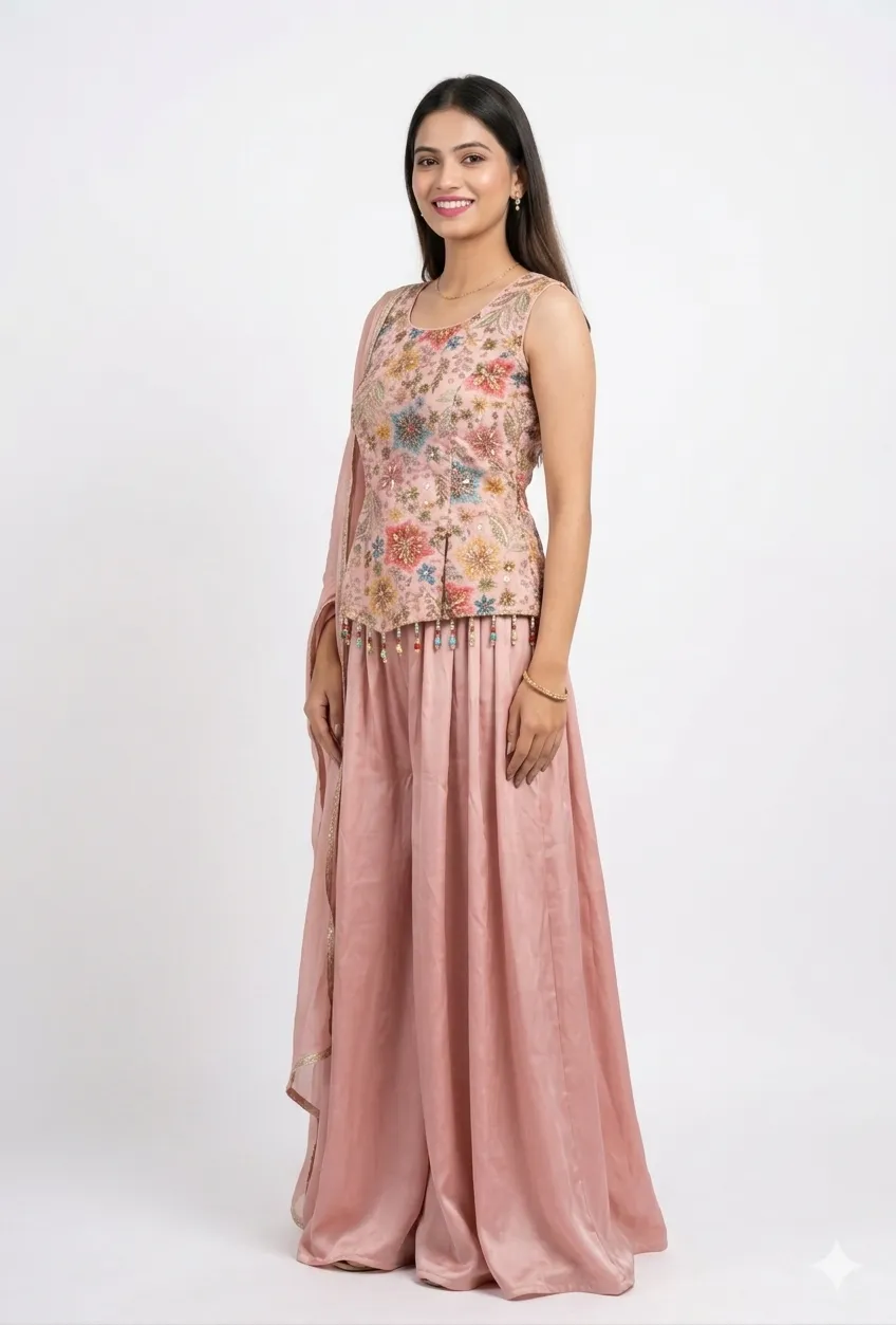 blush pink embroidered palazzo set with dupatta.