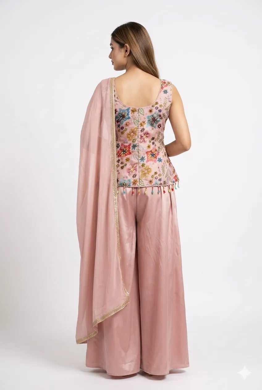 blush pink embroidered palazzo set with dupatta.