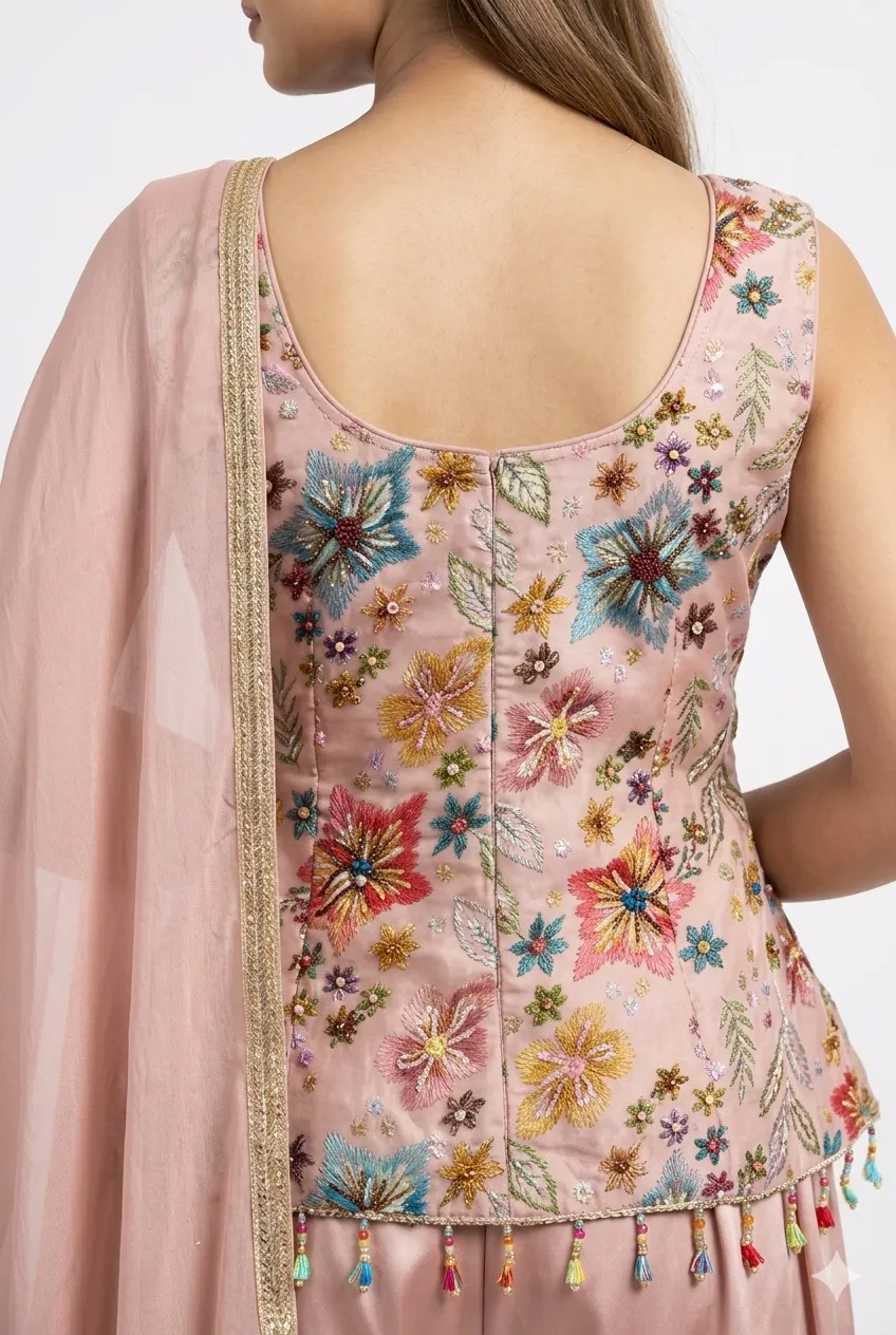 blush pink embroidered palazzo set with dupatta.