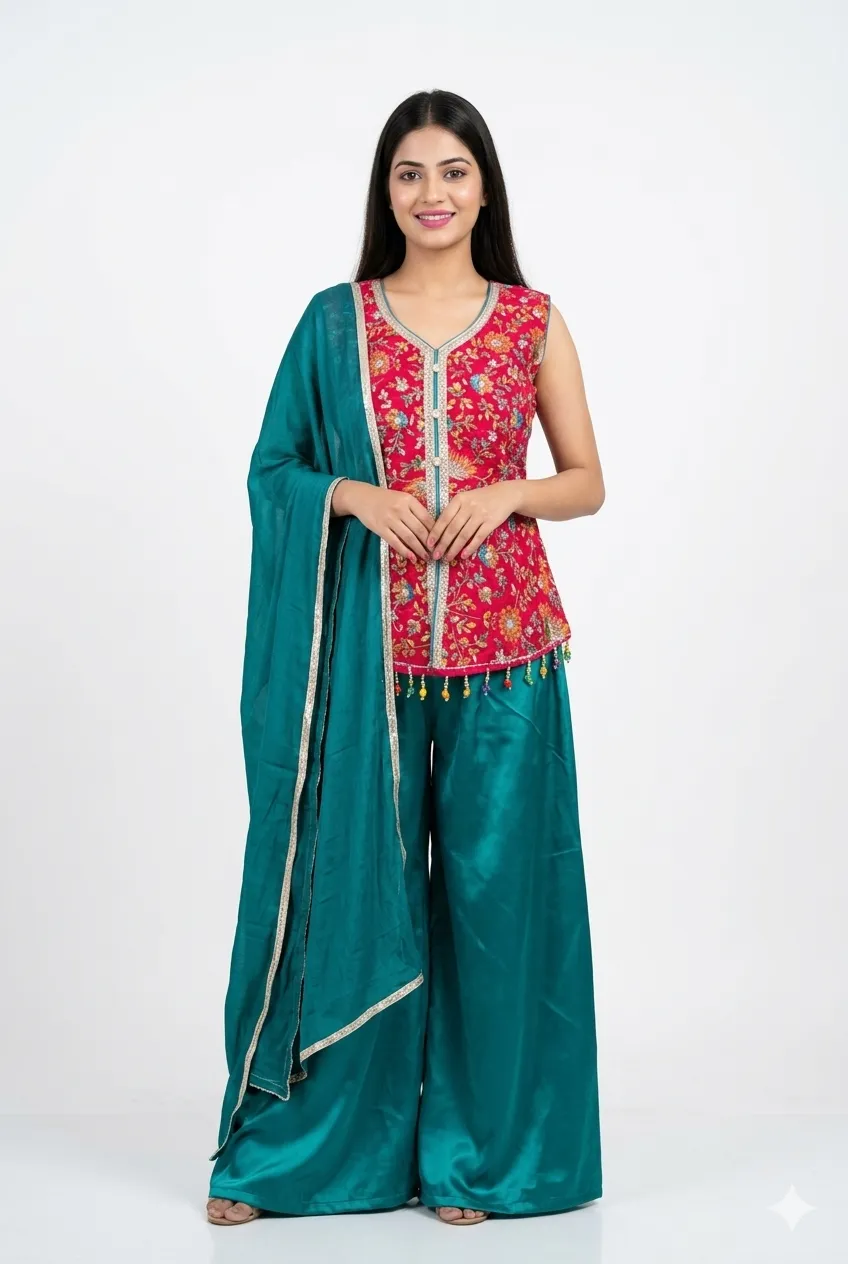 Rani Pink Festive Top, Teal Green Palazzo Suit,